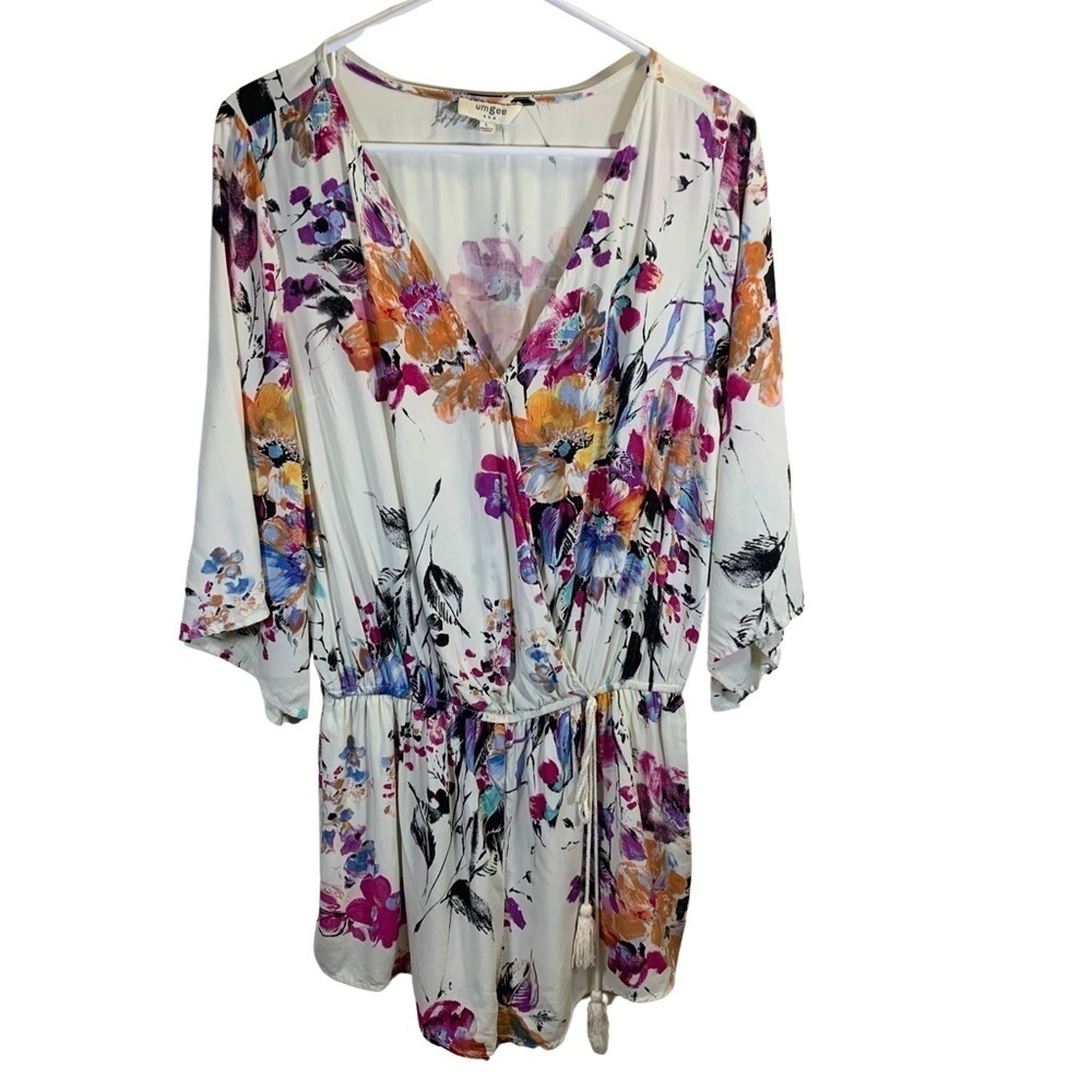 Umgee White Floral Romper with Purple Pink and Orange Blooms